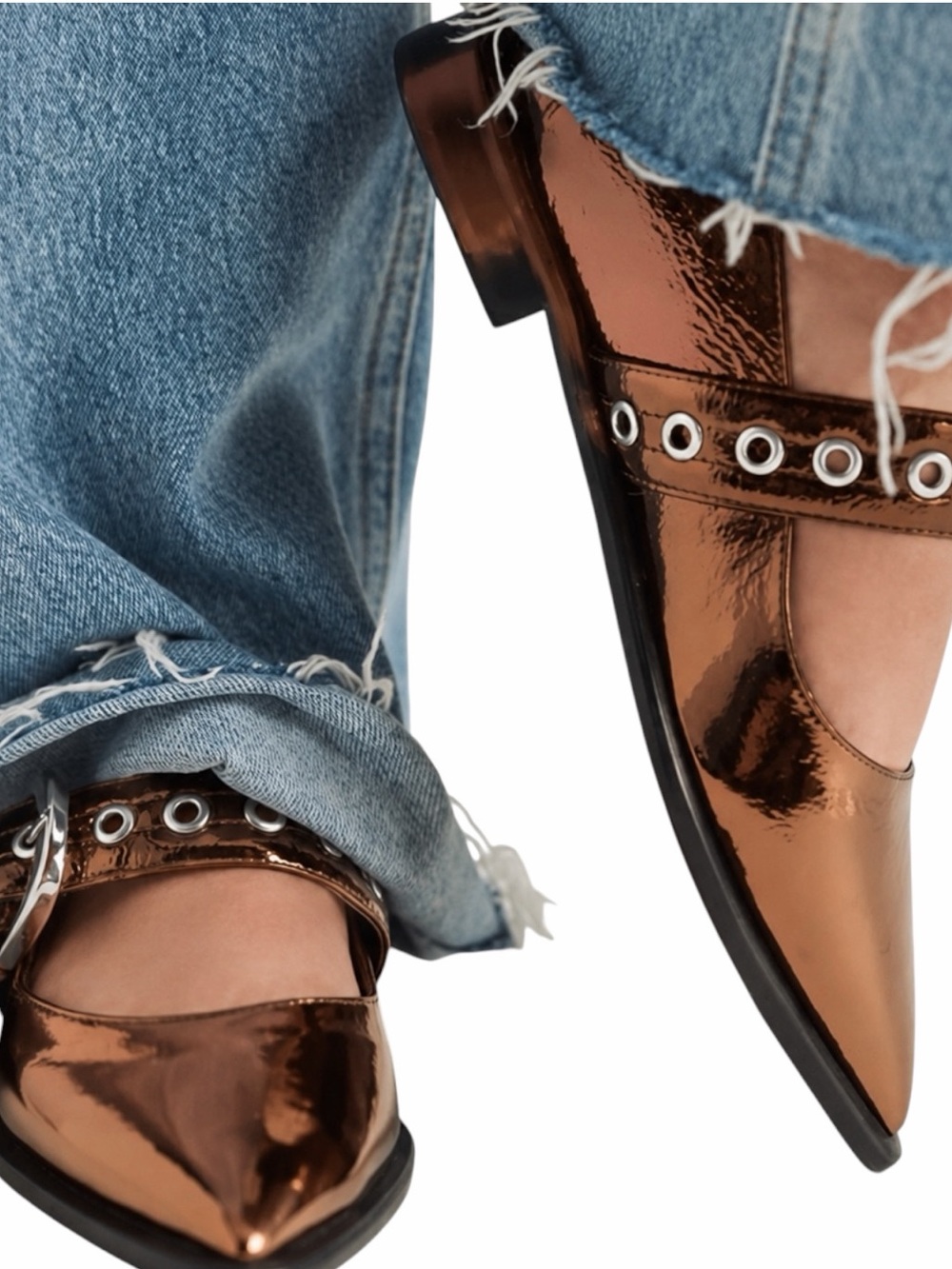 ANTHROPOLOGIE Maeve Pointed-Toe Moto Mary Jane Flats, Metallic Bronze Gold 10